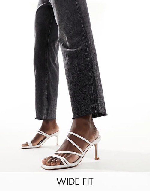 Wide Fit Hayes strappy mid sandal heeled mules in white