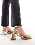 ‌Stylish Wide Fit Honeydew mid block heeled sandals in gold