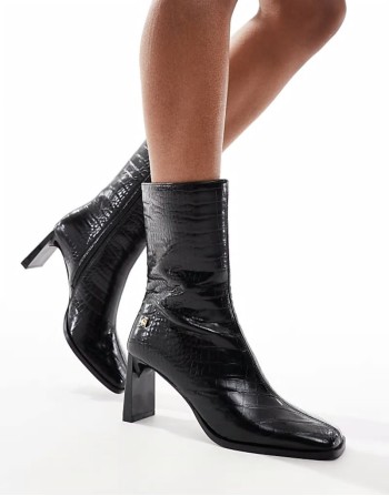 square toe heeled ankle boots in black croc