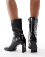 square toe heeled ankle boots in black croc