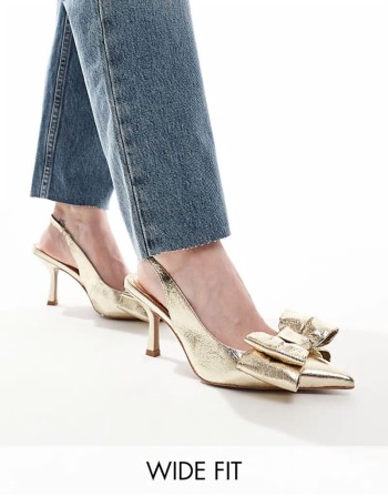 Wide Fit Sapphire bow detail mid heeled shoes in gold