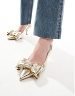 Wide Fit Sapphire bow detail mid heeled shoes in gold