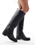 pull on block heel knee high riding boots in black