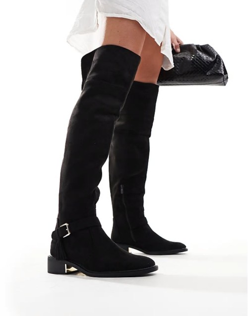 over the knee flat boots with tassle in black