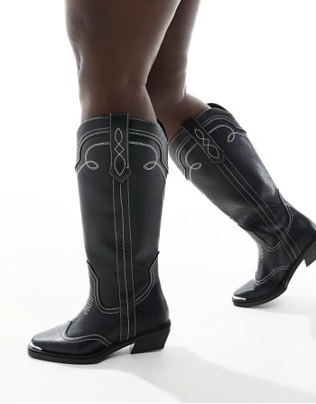 Curve Celeste flat western knee boots in black with stitching