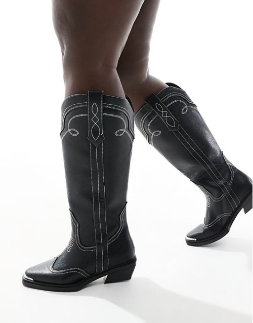 Curve Celeste flat western knee boots in black with stitching