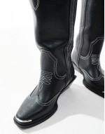 Curve Celeste flat western knee boots in black with stitching