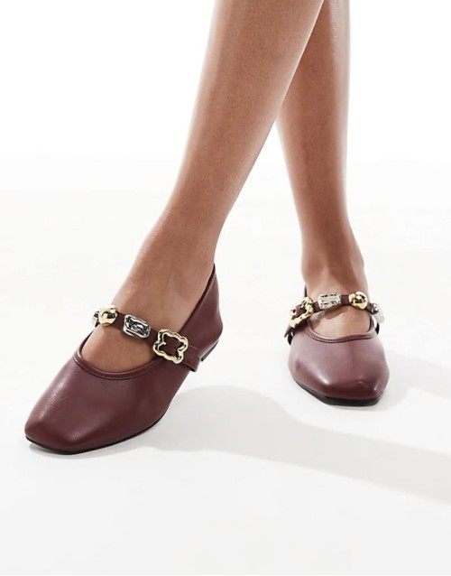 embellished strap faux leather ballet flats in burgundy