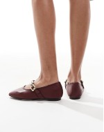 embellished strap faux leather ballet flats in burgundy