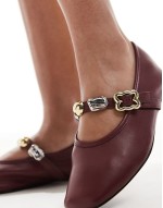 embellished strap faux leather ballet flats in burgundy