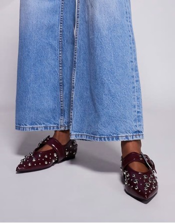 pointed mary jane ballet with studded detail in burgundy