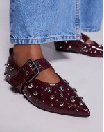 pointed mary jane ballet with studded detail in burgundy