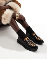 contrast leopard loafers in black