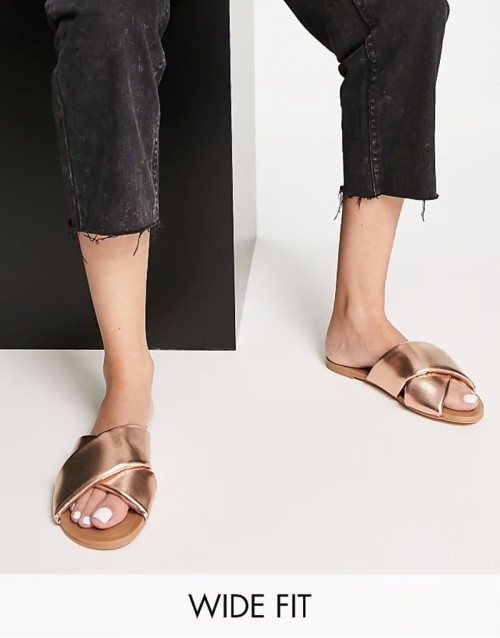 Wide Fit Flock padded flat sandals in rose gold - ROSEGOLD