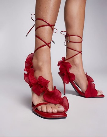 Night-time ruffle detail heeled sandals in red