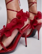 Night-time ruffle detail heeled sandals in red